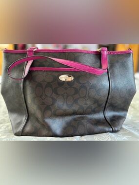 Coach Brown Signature Tote with Pink Trim